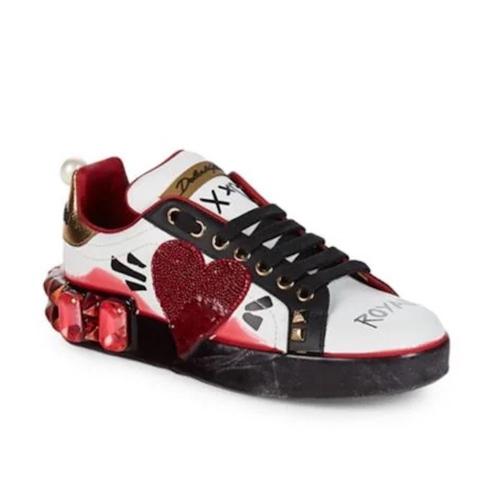 Dolce & Gabbana ​Portofino Calfskin Heart Rhinestone Sneakers White Red 34