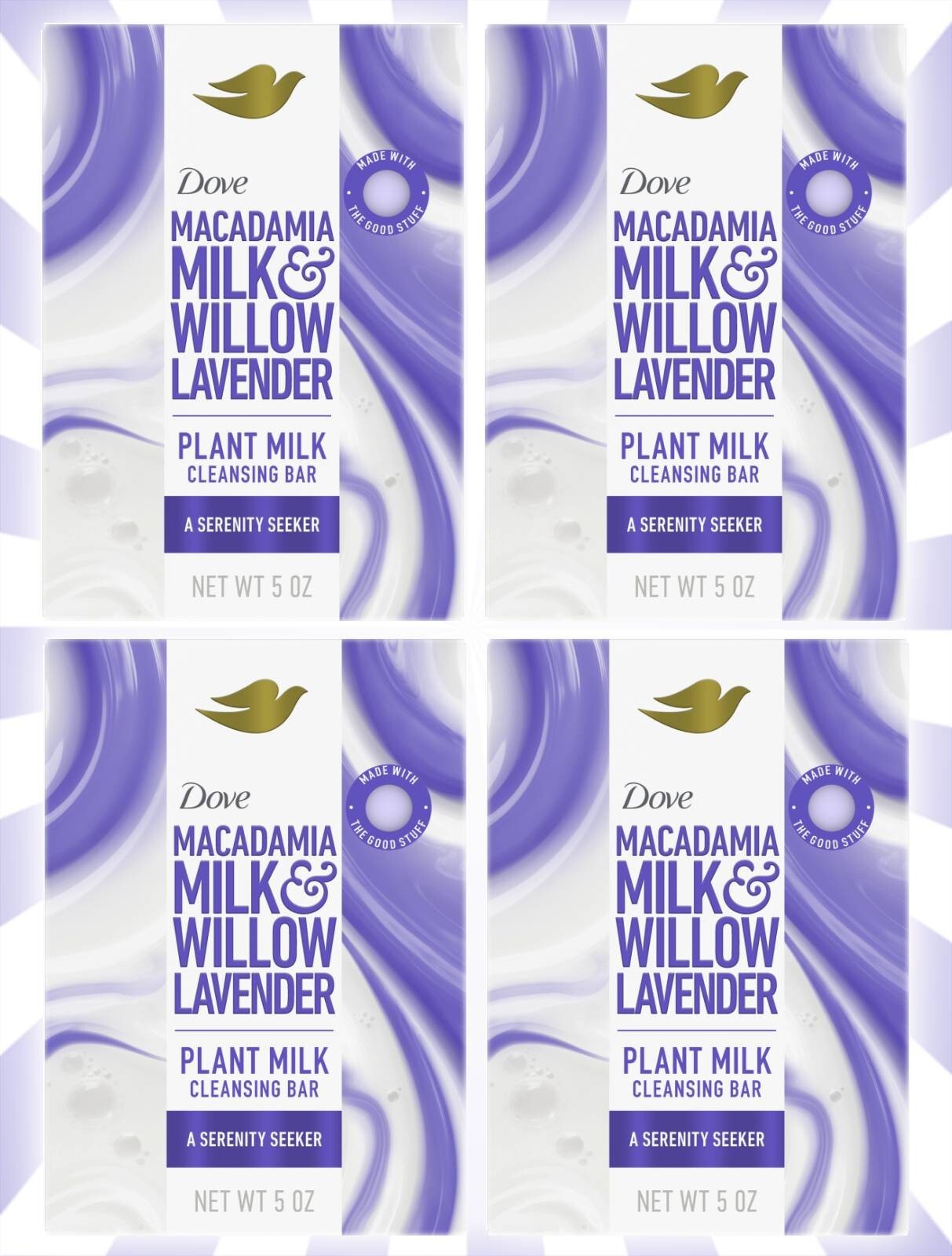 4 Jabón en barra de leche y sauce de macadamia Dove Moisture Marvel lavanda planta 5 OZ