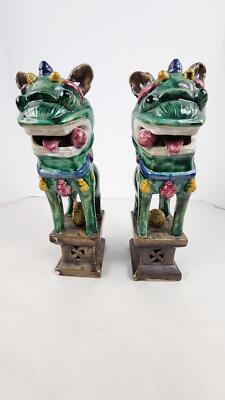 Porcelain Foo Dog Sculpture Incense Burner Set of 2 - 10 in, Vintage