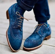 Men's Handmade Blue Suede Leather Brogue Shoes Custom Made Dress Shoes