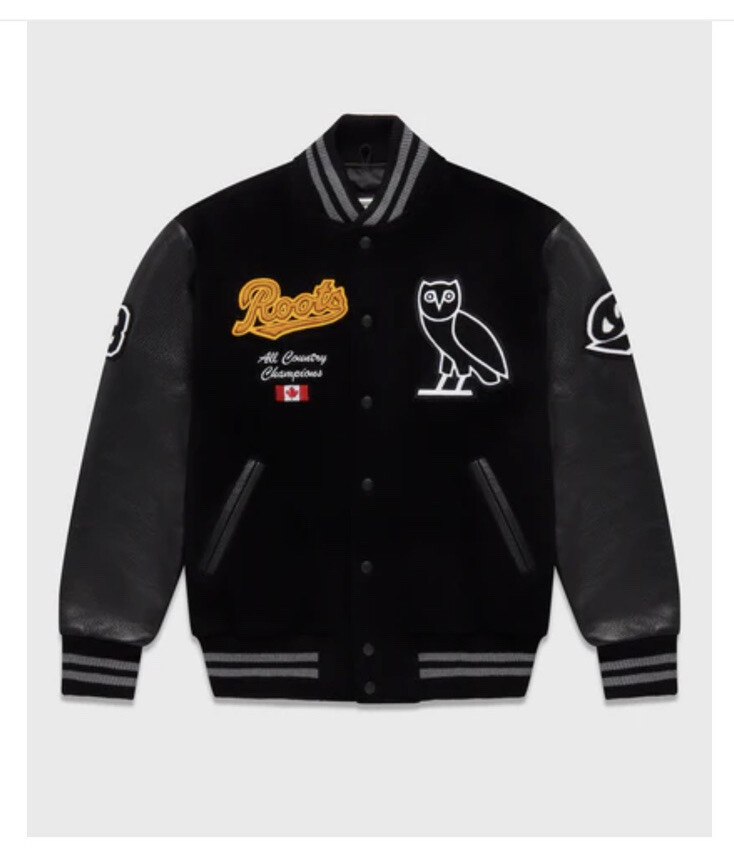 OVO x Roots 2022 Black Leather Varsity Jacket October's Very Own
