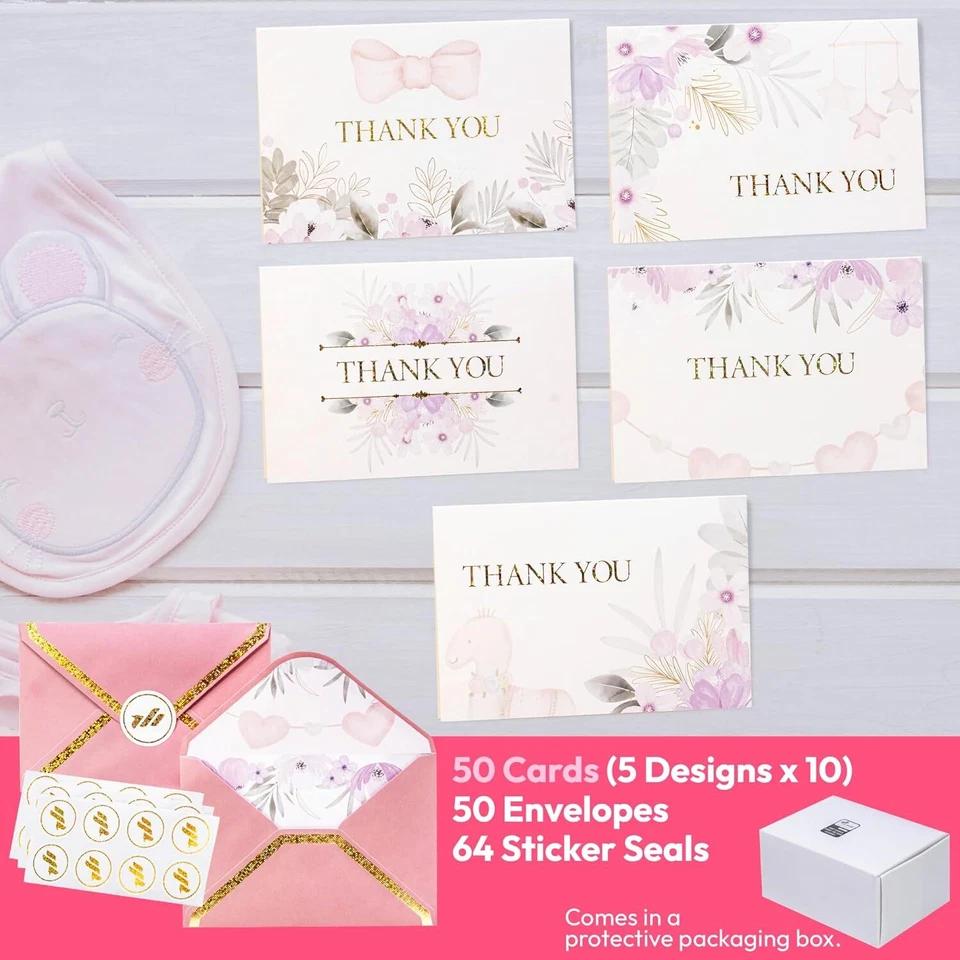 50x Tarjetas en blanco, tarjetas de agradecimiento con sobres y pegatinas para bautizo, cumpleaños Foto 3 de 4