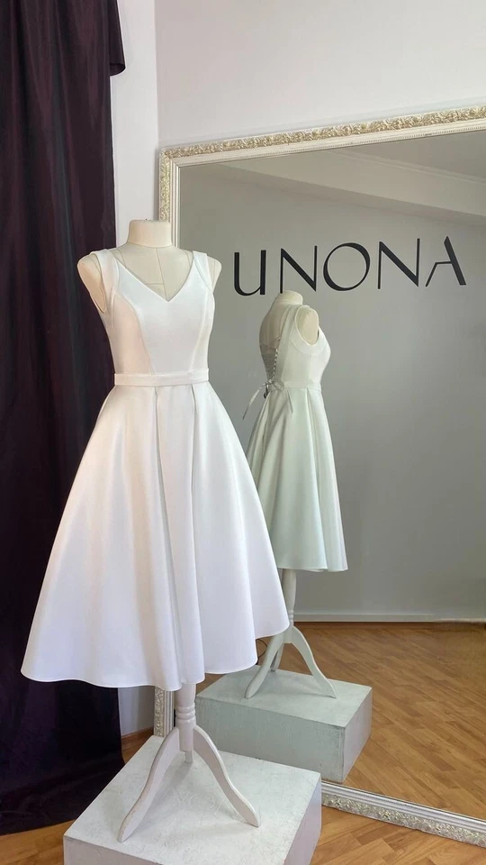 Атласные свадебные платья V шеи без рукавов мини короткий корсет белый свадебные платья - Изображение 2 из 4