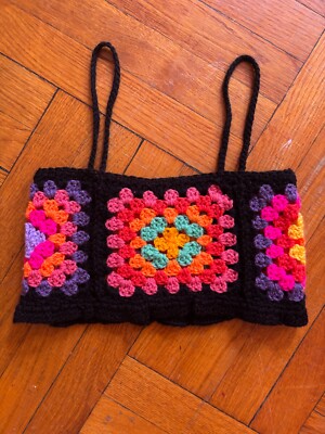 Crochet Granny Square Tube Top Colorful Floral Boho Festival NWOT