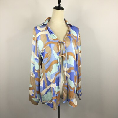 KELLWOOD Multi-color Print Psychedelic Print 80's Tie Front Shirt sz Medium
