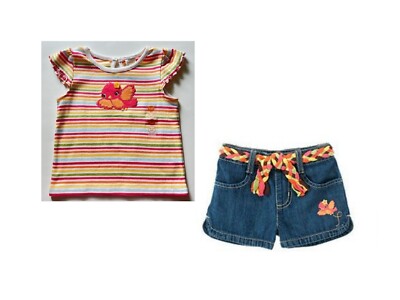 NWT Gymboree Aloha Sunshine 2pc Bird Stripe Top & Jean Shorts Set Size 18-24 Mos