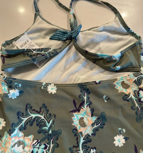 Roxy Girls Size 10 Medium Green Floral Print Tankini Swim Tank Cut Out Vacation - Picture 6 of 8