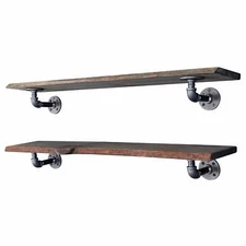36" Boulder Black Live Edge Wood Shelf with L-Shaped Pipe Brackets (2-Pack)