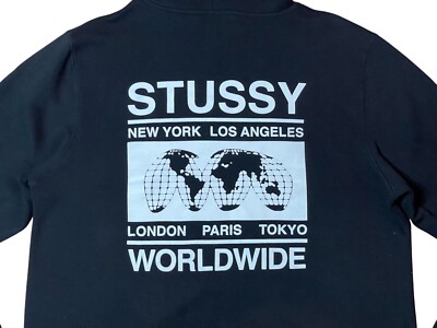Stussy Worldwide Black Logo Hoodie Sweatshirt Men's XL Paris Tokyo