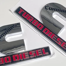 2PCS Cummins Turbo Diesel Emblems For RAM 2500 3500 Fender Side Badge Chrome Red