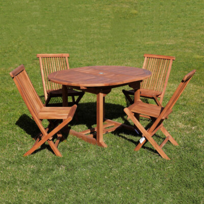 Set tavolo tondo allungabile e sedie pieghevoli in legno teak