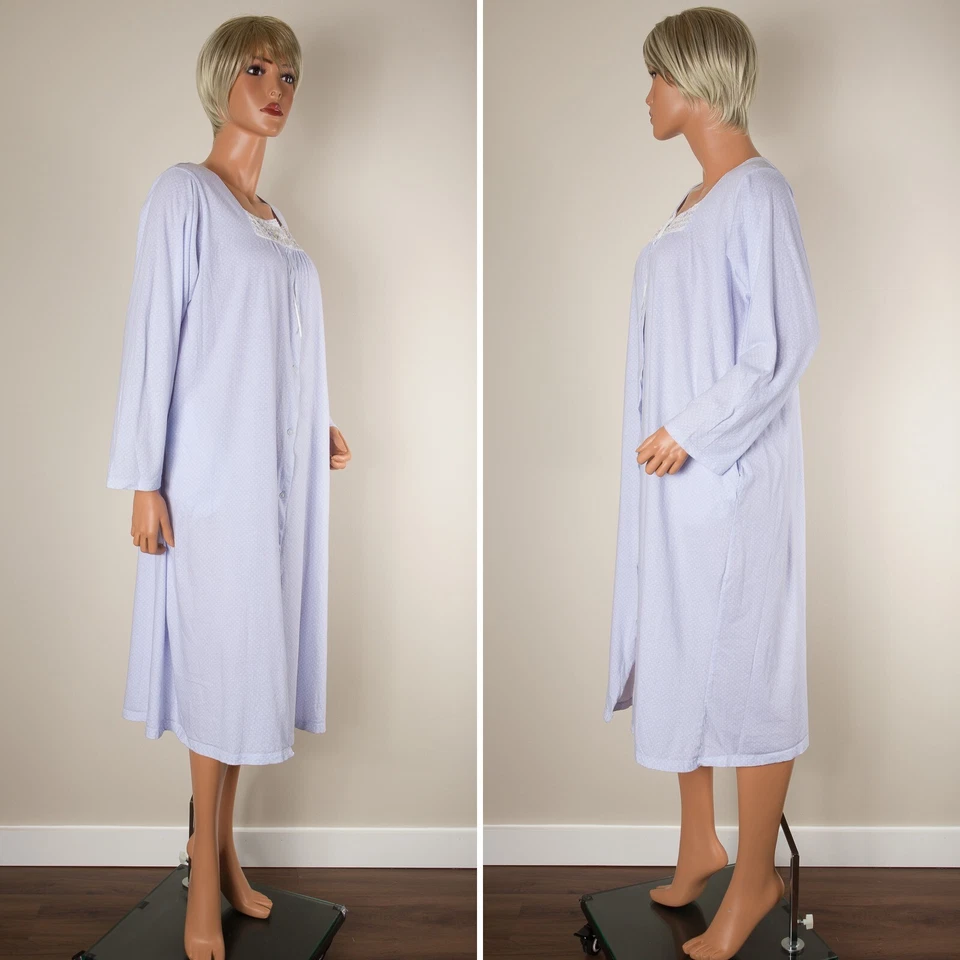 💖ARIA Women Nightgown Robe Cotton Blue Polka Button Front Long Sleeve Pockets M - Image 3 of 4