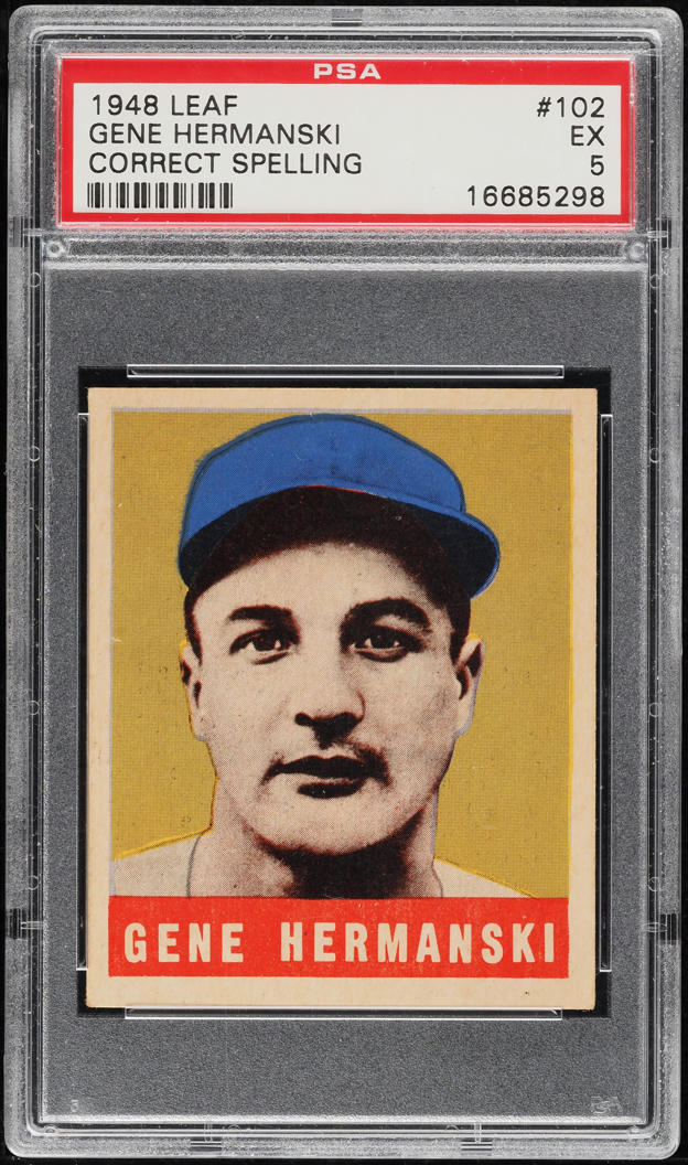1948 Leaf BB Card #102 Gene Hermanski Brooklyn Dodgers CORRECT SPELLING PSA 5 EX