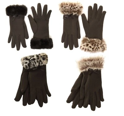 HAWKINS LADIES BLACK GLOVES WITH ANIMAL PRINT FAUX FUR CUFF LEOPARD PRINT