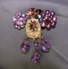 JUDIDIDIT Brooch Vintage Artisan Pin Gold Metal Purple Beads & Rhinestones — photo 1