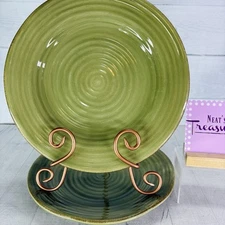 Tabletops RUSTICO OLIVE Green Hand Painted Swirl Stoneware Dinner Plates Set 2