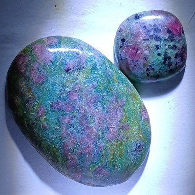 Natural Ruby in Zoisite Polished Oval Cabochon Lot 2pc Opaque Green Pink