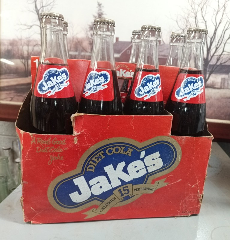Jake's Diet Cola Glass Soda Bottles in Red Cardboard Carrier, Soda Theme