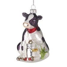 Glass Cow With Bucket Christmas  Decoration by Heaven Sends with Silver Twine
