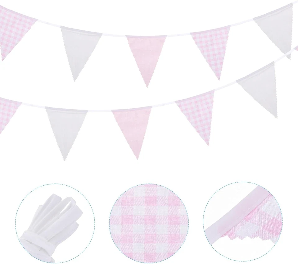 Banderín a Cuadros Rosa Blanco 33 Pies, 36 Piezas Banderas Triangulares Tela Bollo Foto 3 de 4