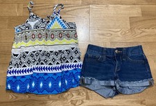 Girl's Old Navy Outfit Sz 6 - Black/Turquoise/Yellow Printed Tank w/Jean Shorts