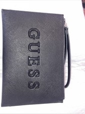 GUESS Black Smooth Faux Leather Logo Zip Wristlet 6 X 9  Wallet Clutch Bag B-19
