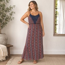 As You Wish Boho Maxi Dress Womens XL Navy Rust Crochet Lace Festival Resort