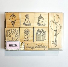 BIRTHDAY PARTY D.O.T.S. Wood Rubber Stamp Set Balloons Gift Cake Saying abx133