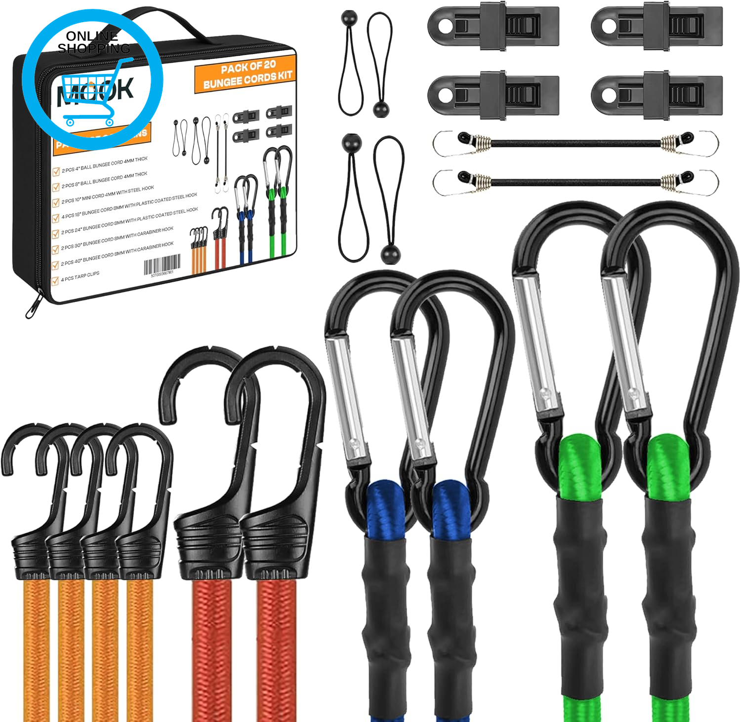 Heavy Duty Bungee Cords with Hooks, 20 - Pcs Bungee Cord Set with Ball Bungees,