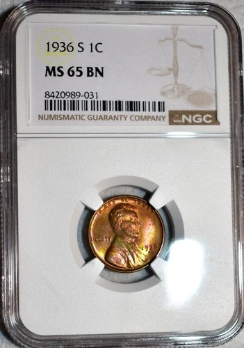 NGC MS-65 BN 1936-S Lincoln Cent, Richly Hued Toner w/ Green & Violet Accents!