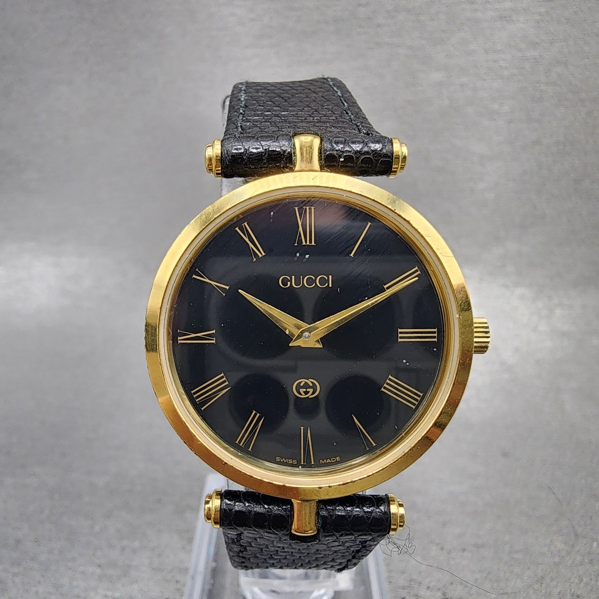 Gucci 2000M Watch Men 30mm Black Dial Gold Plated Leather Round