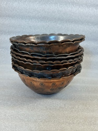 Set of 9 Vintage Egyptian Tinned Copper Decor Cereal Soup 5” Bowls Pyramid Egypt