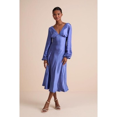 Lulus NWT Illustrious Elegance Periwinkle Satin Long Sleeve Midi Dress Size XL