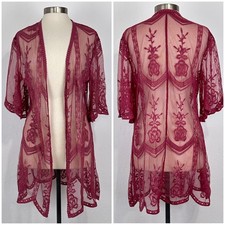 Festival Whimsigoth Fairy Boho Kimono Sz Large Romantic Lace Crochet Burgundy