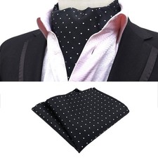 Men Polka Dots Black Cravat Ascot Necktie Handkerchief Pocket Square Wedding Set