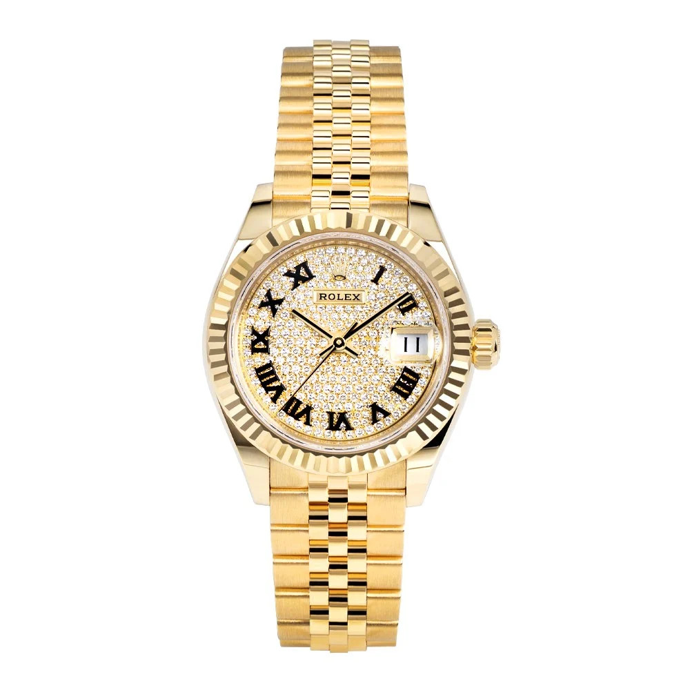Rolex Datejust 28 Watch 28MM Diamond Pave Roman Numerals Dial Yellow Gold