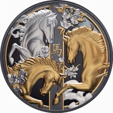 Niue 2026 Year Of The Horse—three Stallions $10 5 Oz Silver Gilded Black Proof