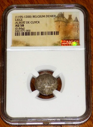 1195-1200 Belgium Denier Liege Albert de Cuyck NGC AU 58 Medieval About UNC COIN