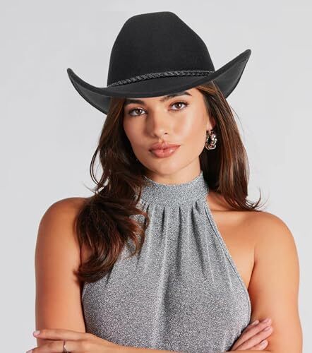 Classic Black Western Felt Roll Up Brim Cowboy and 7-7 1/4 Black With Rope - Picture 6 of 7