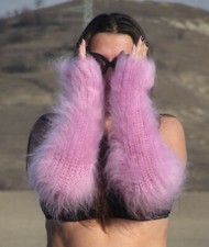 FUZZY MOHAIR hand knitted POWDER fingerless mittens handwarmers fluffy   2174