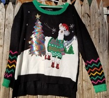 Fun Llama w Scarf BEADED XXL SEQUIN UGLY CHRISTMAS 33 DEGREES Black SWEATER
