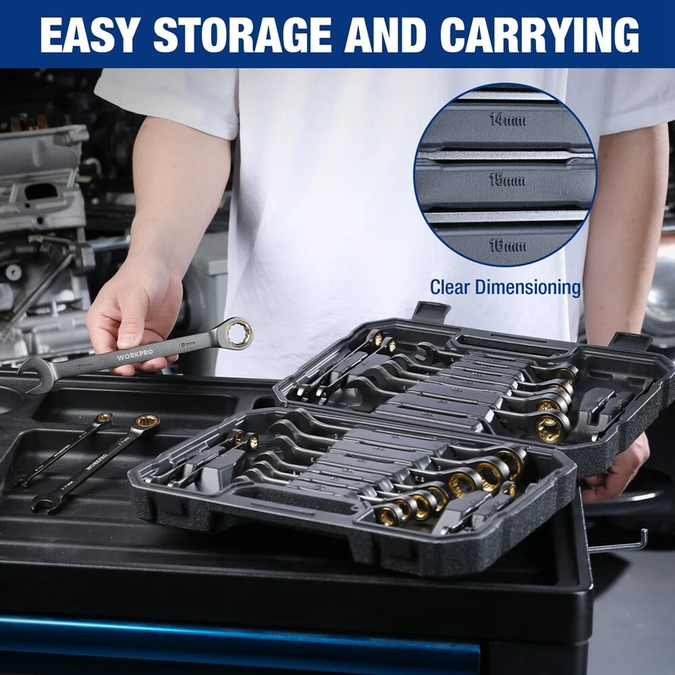 Juego de llaves de trinquete WORKPRO 22 PIEZAS métricas 6-18 mm y SAE 1/4-3/4" llaves combinadas Foto 4 de 4