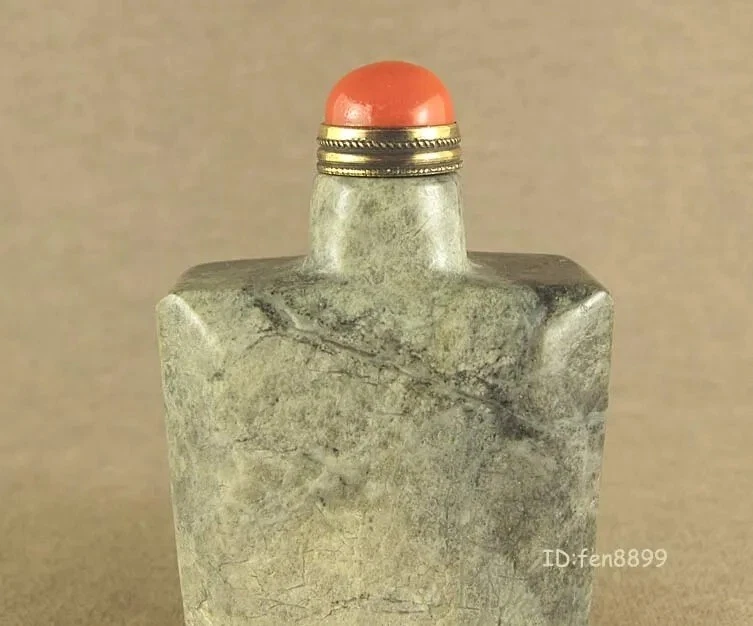 Hermosa botella de tabaco tallada en jade a rayas china con tapa superior de coral rojo Foto 3 de 4