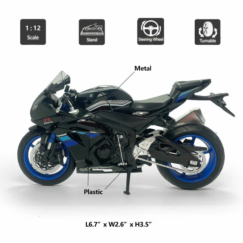 1/12 Suzuki GSX-R1000 Motorcycle Model Diecast Toy Vehicle for Kids Boys Black - Image 2 of 4