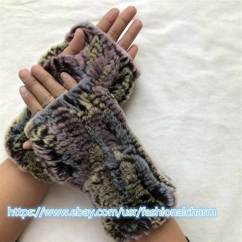 Womens Winter Real Rabbit Fur Gloves Knitted Stretch Fingerless Mitten Gloves - Picture 98 of 102