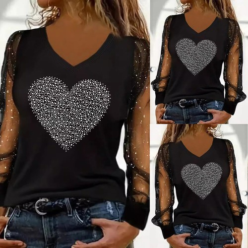Women Heart Print V Neck Tunic Tops Ladies Mesh Long Sleeve Party T Shirt Blouse
