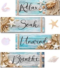 4 PCS Ocean Beach Bathroom Wall Decor Wood Relax Soak Unwind Blue Ocean