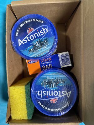 2 New Astonish Oven And Cookware Cleaner 17oz +Stain Remover Bar + Scrubber Set