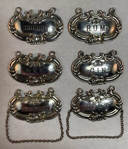 Set Of 6 Matching Vintage Sterling Silver Liqour  Labels / Tags