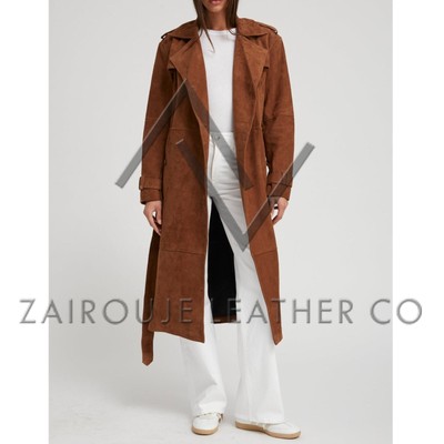 Women's Suede Trench Coat in Camel Brown - Long Belted Double-Breasted Style